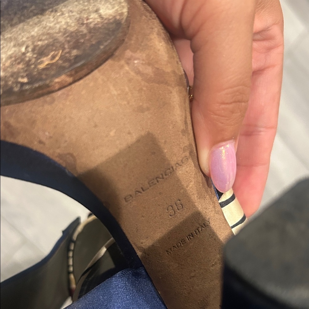 BALENCIAGA PARIS Blue and Bronze Satin Platform Women's Heels sz 36 - Picture 9 of 15